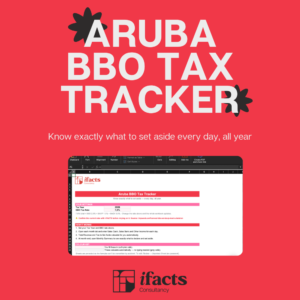 Aruba BBO Tax Tracker 2026 by I-FACTS Consultancy — Excel workbook cover showing the daily sales tracker for Aruban entrepreneurs