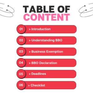 Table of contents for the BBO Made Simple Guide — Introduction, Understanding BBO, Business Exemption, BBO Declaration, Deadlines, and Checklist