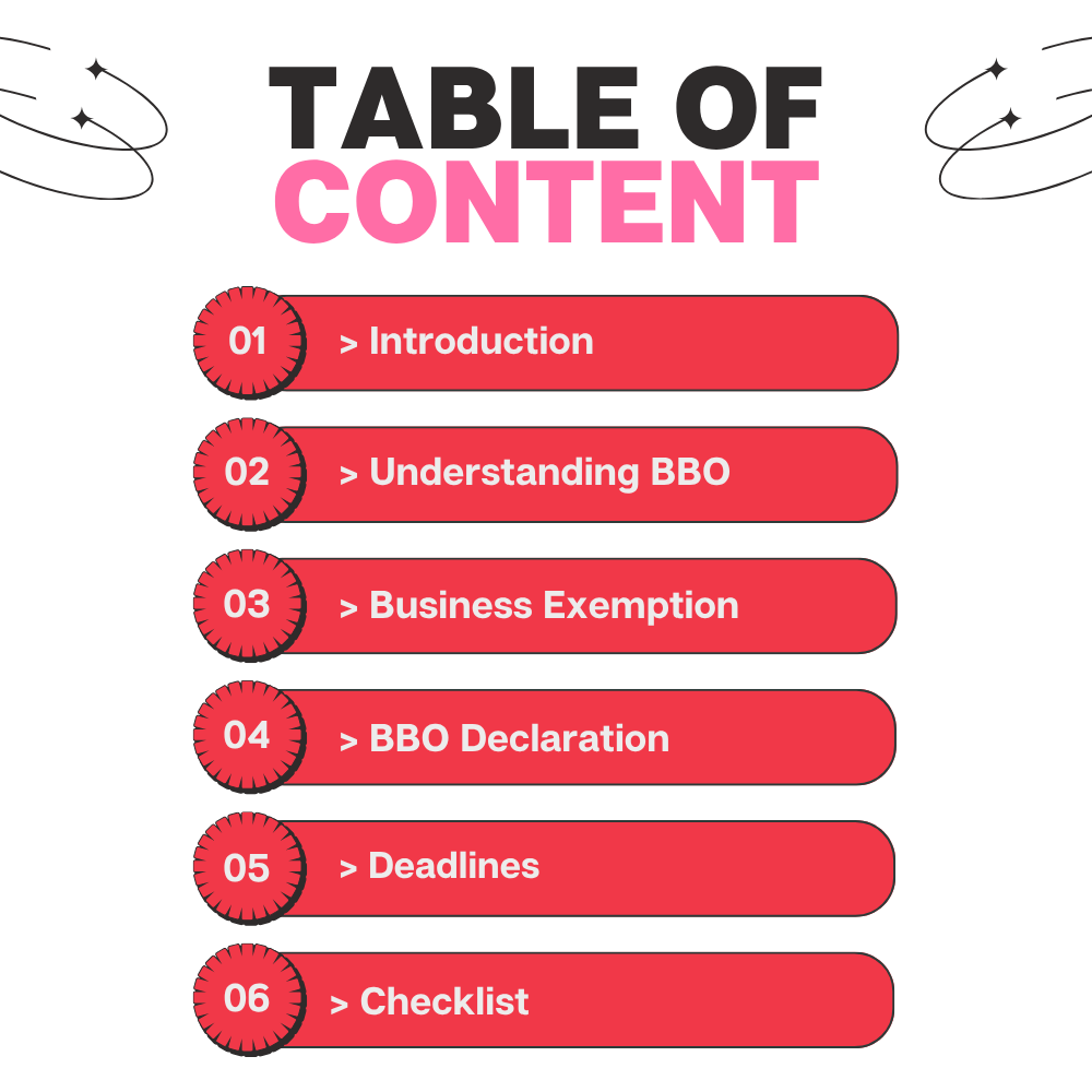 Table of contents for the BBO Made Simple Guide — Introduction, Understanding BBO, Business Exemption, BBO Declaration, Deadlines, and Checklist