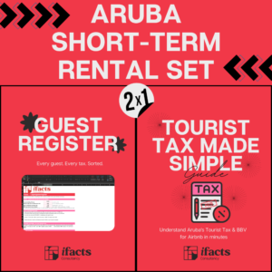 Cover of the iFacts Consultancy Aruba Short-Term Rental Set — a bundle of the Tourist Tax Made Simple guide and the Logeergastenregister Excel template for Airbnb and short-term rental hosts in Aruba
