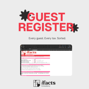 Cover of the iFacts Consultancy Logeergastenregister — an Aruba short-term rental guest register in Excel that logs every stay and calculates Toeristenheffing, BBV and BBO for your DIMP declaration.